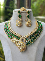 Royal Peacock Design Navy Blue Kundan Choker Necklace Set with Maang Tikka & Earrings Bridal Statement Jewelry - Libasaa.com