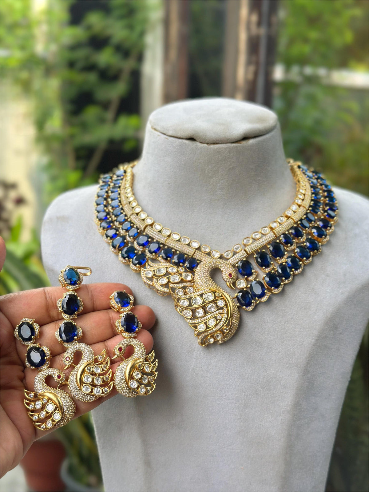 Royal Peacock Design Navy Blue Kundan Choker Necklace Set with Maang Tikka & Earrings Bridal Statement Jewelry - Libasaa.com
