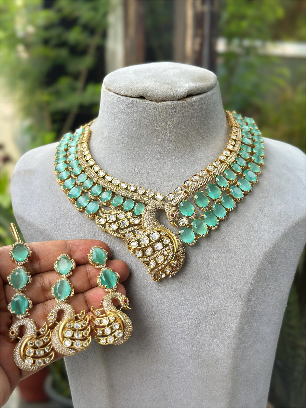 Royal Peacock Design Navy Blue Kundan Choker Necklace Set with Maang Tikka & Earrings Bridal Statement Jewelry - Libasaa.com