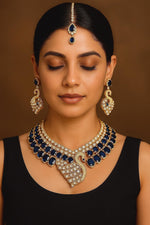 Royal Peacock Design Navy Blue Kundan Choker Necklace Set with Maang Tikka & Earrings Bridal Statement Jewelry - Libasaa.com