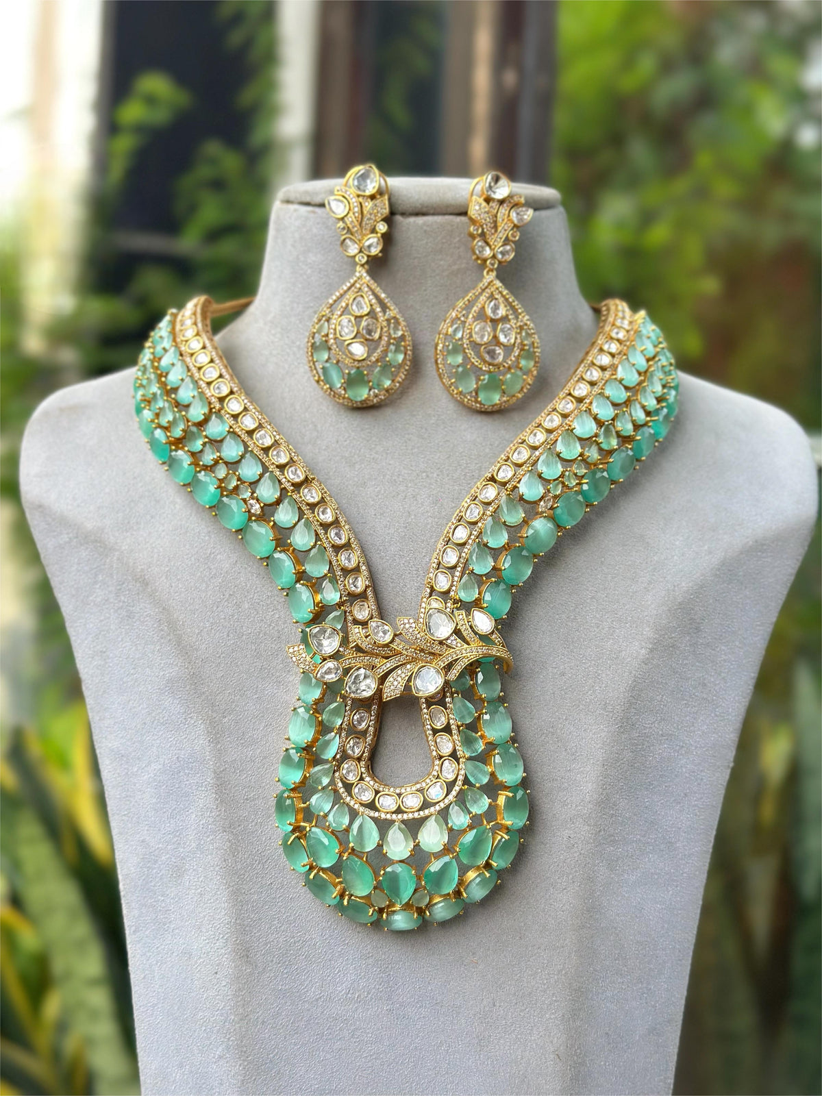 Mint Green Kundan Layered Long Necklace Set with Teardrop Earrings Bridal & Festive Designer Jewelry - Libasaa.com