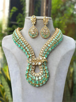 Mint Green Kundan Layered Long Necklace Set with Teardrop Earrings Bridal & Festive Designer Jewelry - Libasaa.com