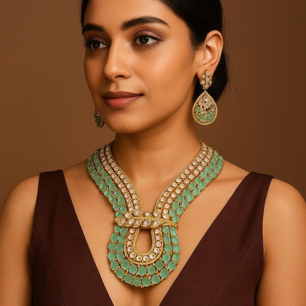 Mint Green Kundan Layered Long Necklace Set with Teardrop Earrings Bridal & Festive Designer Jewelry - Libasaa.com