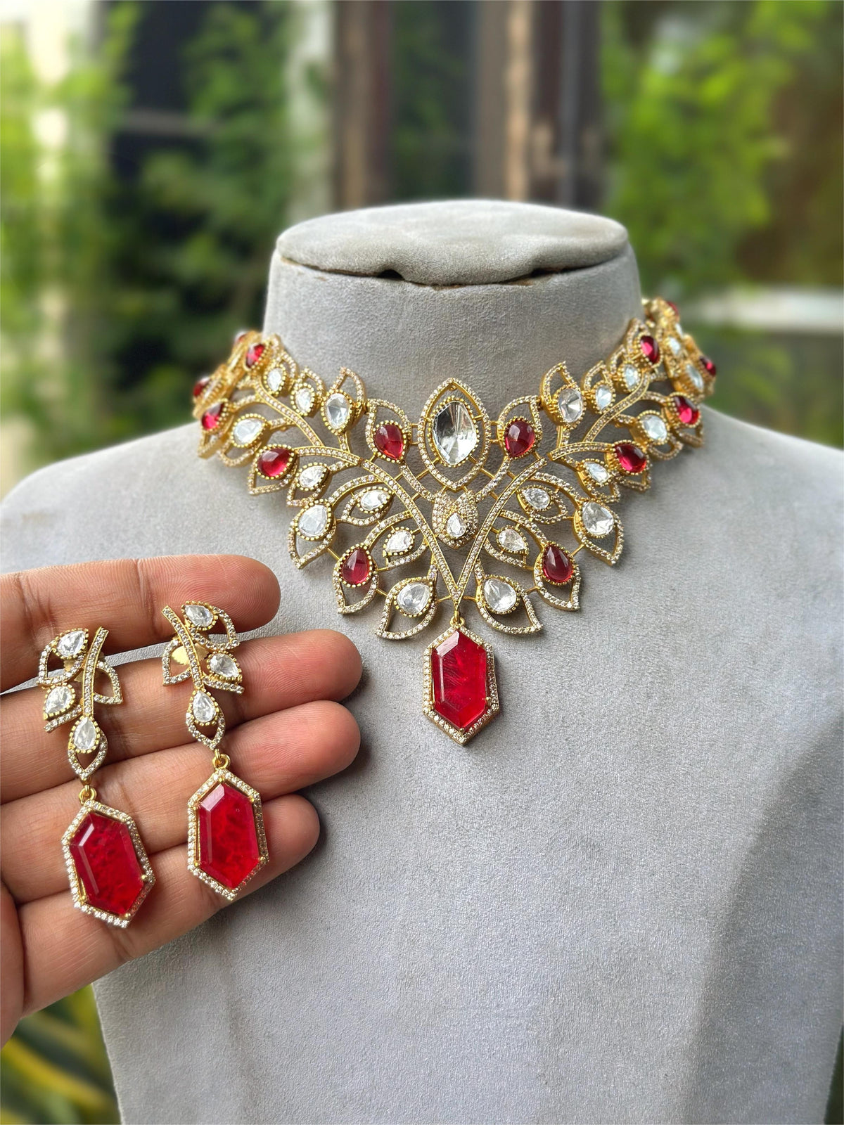 Ruby Red Leaf Design Kundan Polki Choker Necklace Set with Matching Drop Earrings β Bridal & Festive Jewelry - Libasaa.com