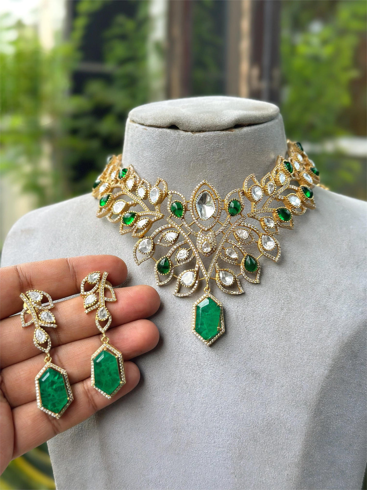 Ruby Red Leaf Design Kundan Polki Choker Necklace Set with Matching Drop Earrings β Bridal & Festive Jewelry - Libasaa.com