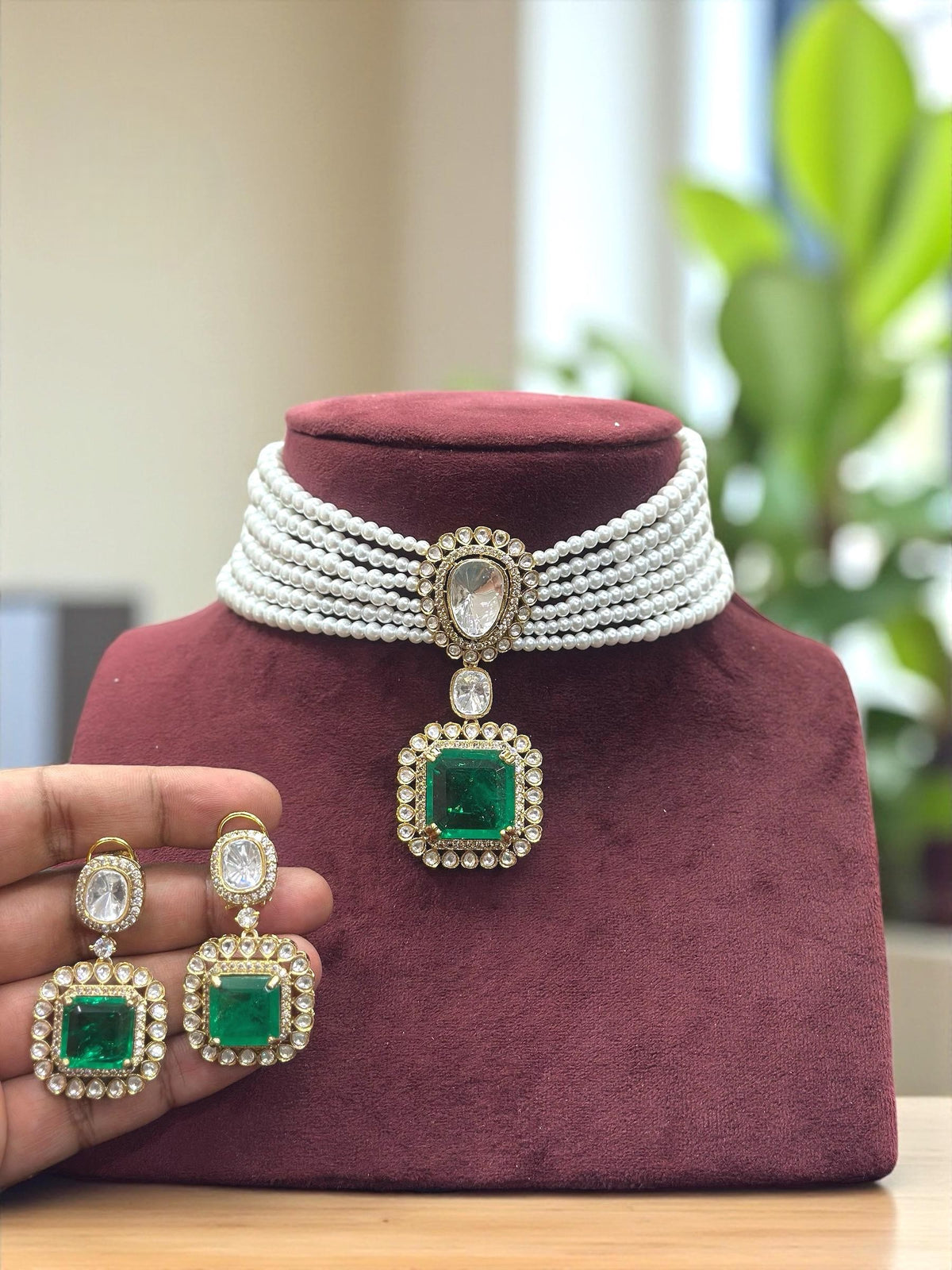 Elegant Pearl Strand Choker Necklace with Emerald Green Pendant & Earrings – Bridal & Partywear Jewelry - Libasaa.com