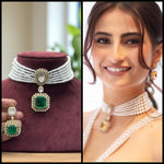 Elegant Pearl Strand Choker Necklace with Emerald Green Pendant & Earrings – Bridal & Partywear Jewelry - Libasaa.com
