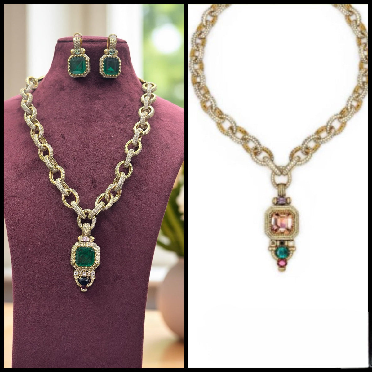 Designer Emerald Green Pendant Necklace Set with Gold-Toned Chain Links & Earrings – Luxury Statement Jewelry - Libasaa.com