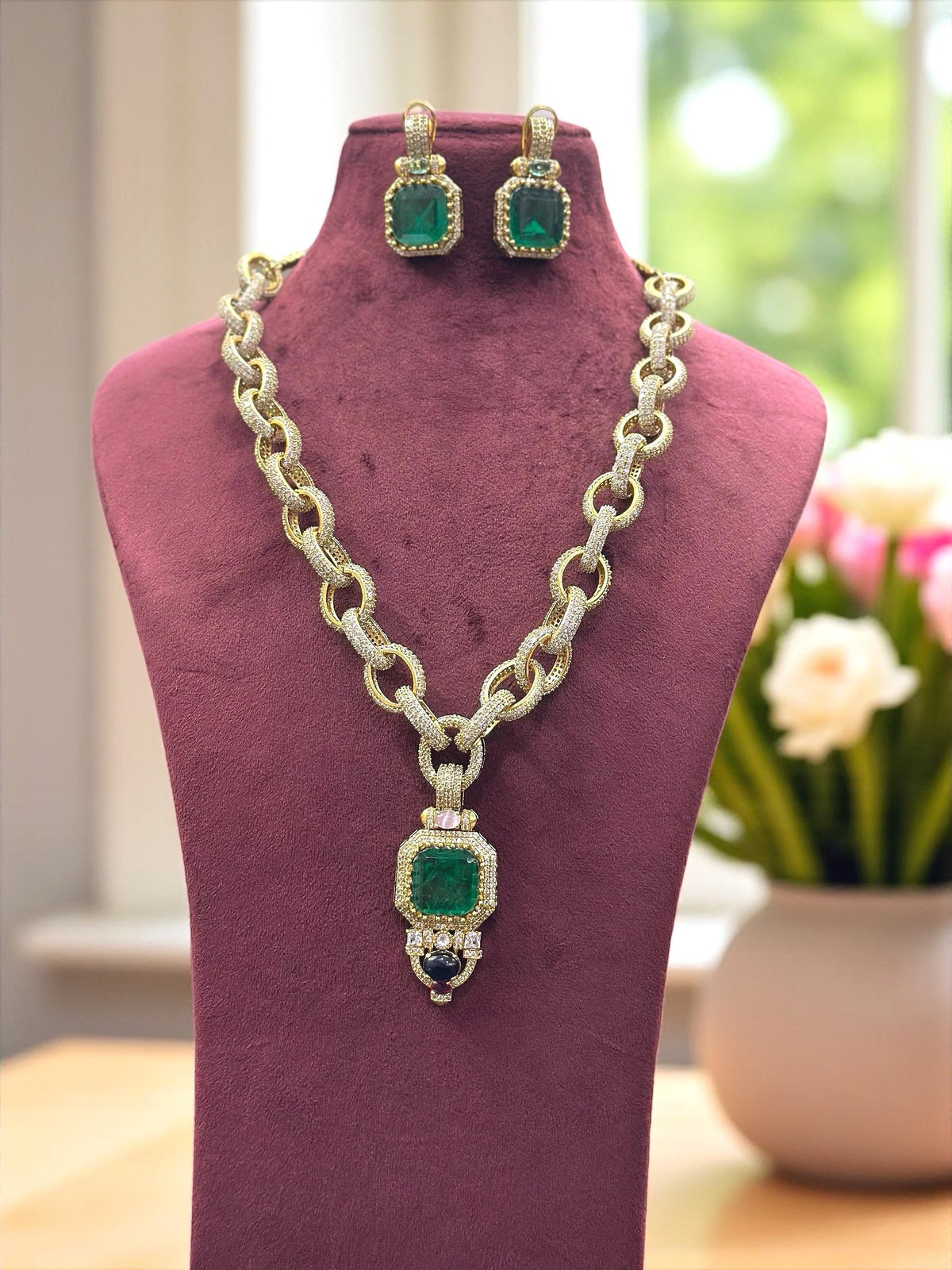 Designer Emerald Green Pendant Necklace Set with Gold-Toned Chain Links & Earrings – Luxury Statement Jewelry - Libasaa.com