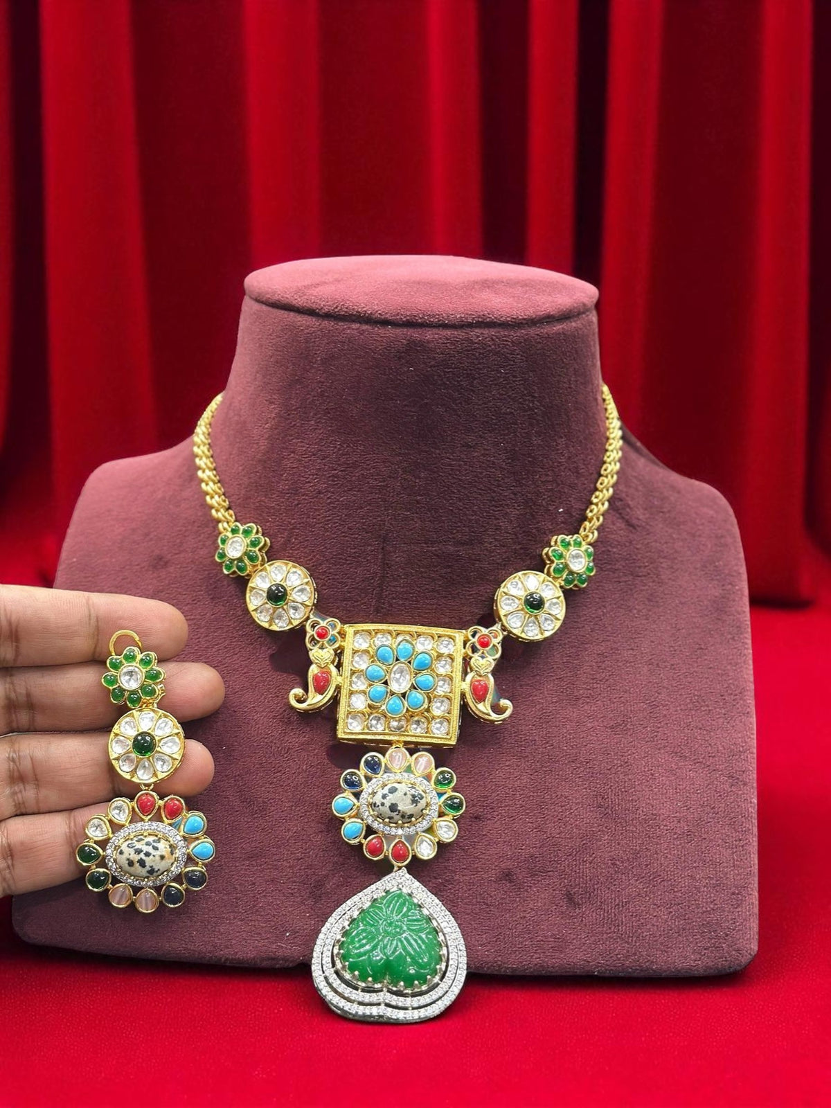 Heritage Temple-Style Necklace Set with Carved Green Stone Pendant & Statement Earrings β Antique Gold Bridal Jewelry - Libasaa.com