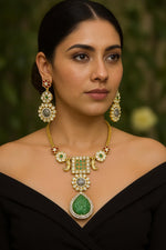 Heritage Temple-Style Necklace Set with Carved Green Stone Pendant & Statement Earrings β Antique Gold Bridal Jewelry - Libasaa.com