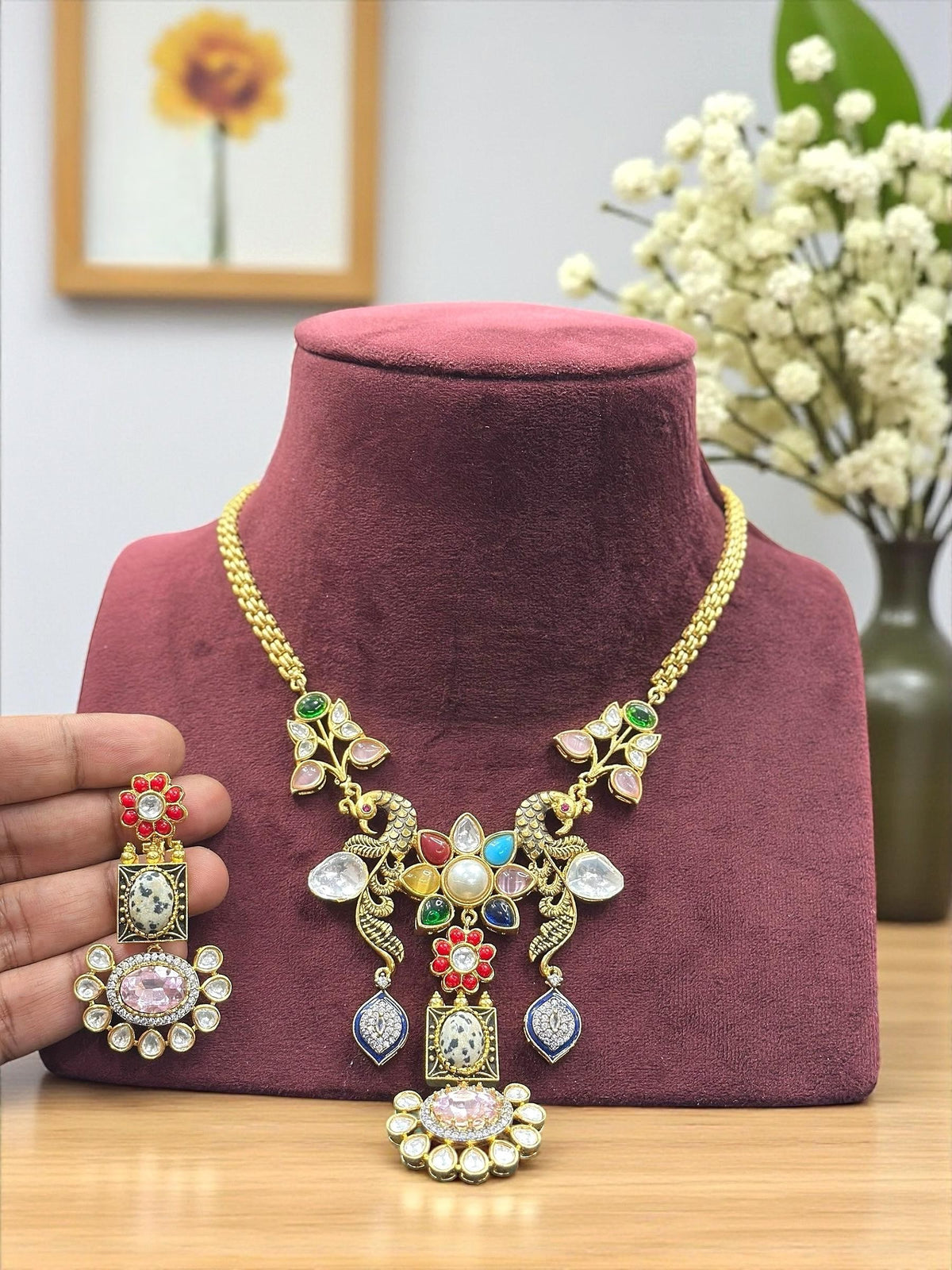 Multicolor Peacock & Floral Temple Necklace Set with Green and White Stone Earrings - Libasaa.com