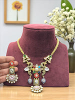Multicolor Peacock & Floral Temple Necklace Set with Green and White Stone Earrings - Libasaa.com