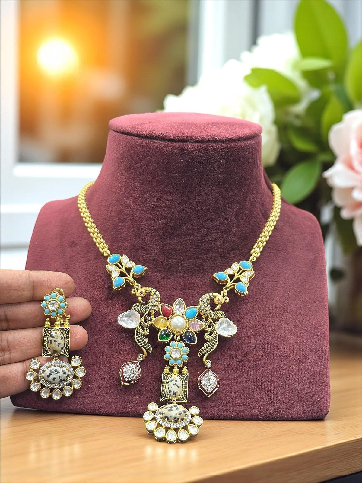 Multicolor Peacock & Floral Temple Necklace Set with Green and White Stone Earrings - Libasaa.com