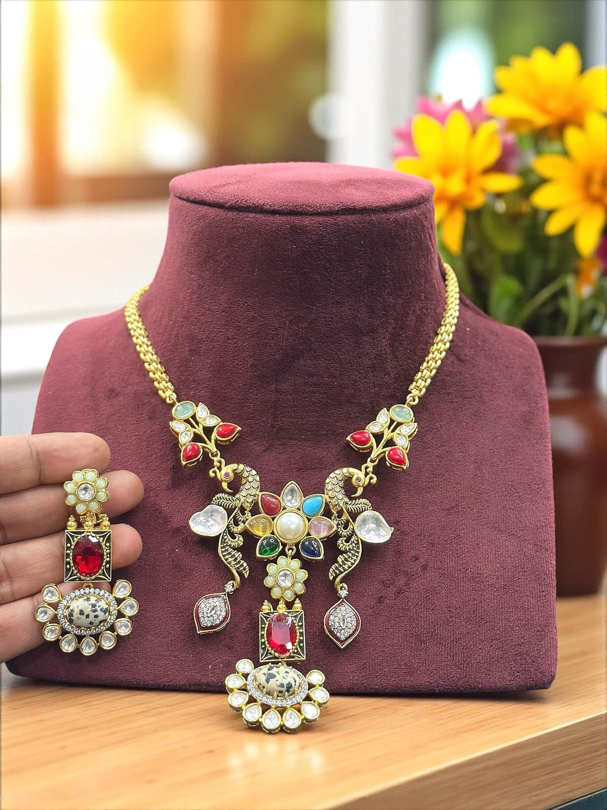 Multicolor Peacock & Floral Temple Necklace Set with Green and White Stone Earrings - Libasaa.com