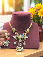 Multicolor Peacock & Floral Temple Necklace Set with Green and White Stone Earrings - Libasaa.com