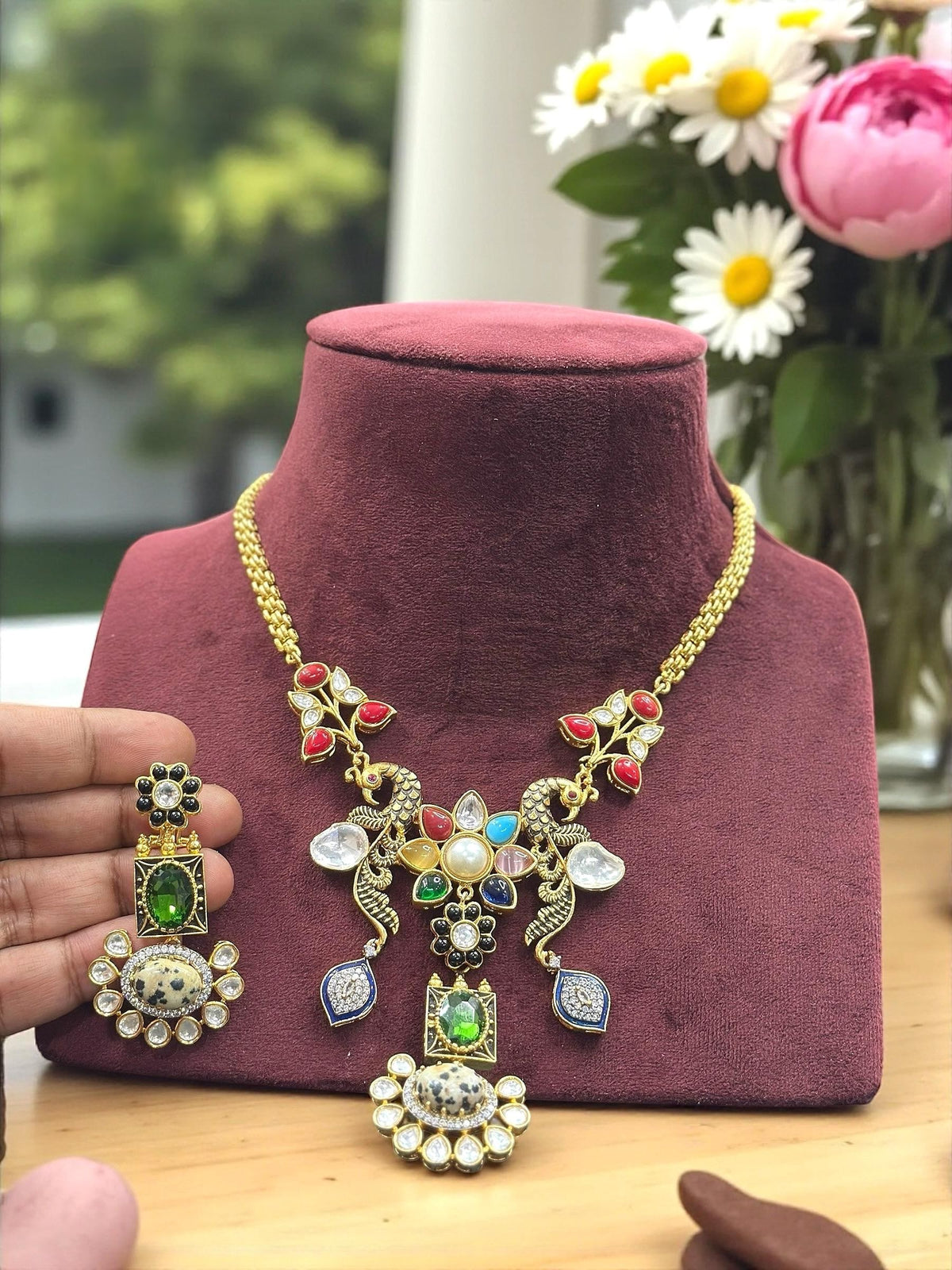 Multicolor Peacock & Floral Temple Necklace Set with Green and White Stone Earrings - Libasaa.com