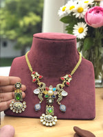 Multicolor Peacock & Floral Temple Necklace Set with Green and White Stone Earrings - Libasaa.com