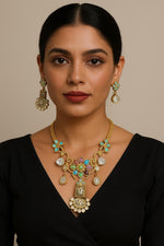 Multicolor Peacock & Floral Temple Necklace Set with Green and White Stone Earrings - Libasaa.com