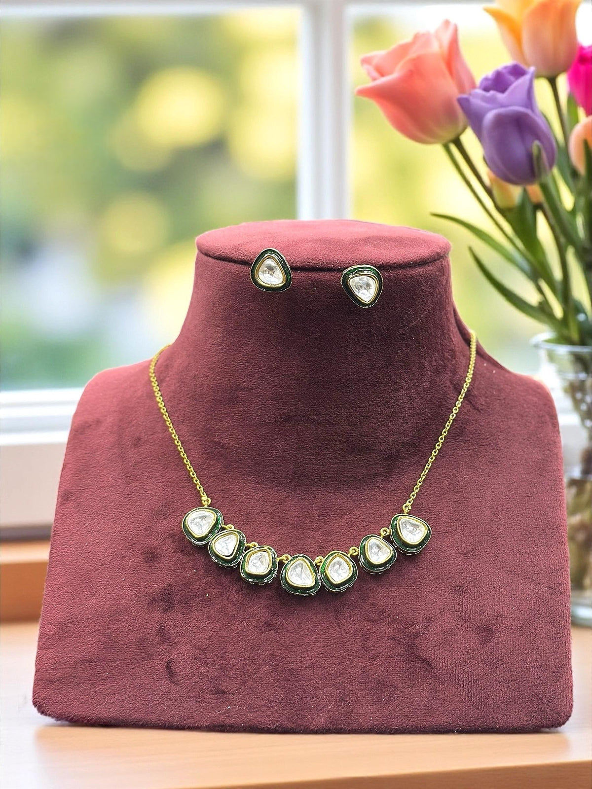 Minimalist Gold-Plated Kundan Necklace Set with Teardrop Stud Earrings - Libasaa.com