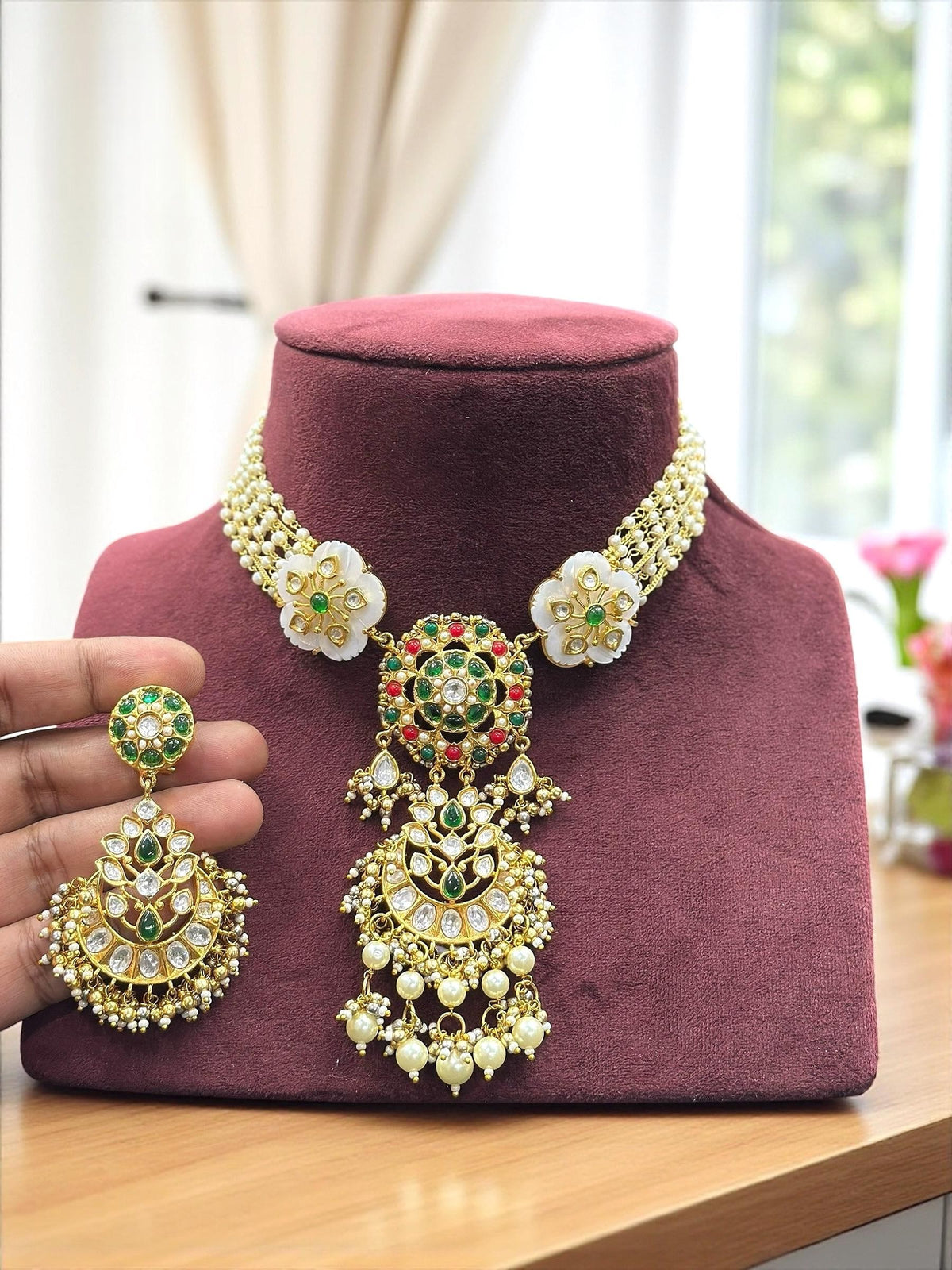 Traditional Kundan Polki & Pearl Choker Necklace Set with Emerald & Ruby Accents - Libasaa.com