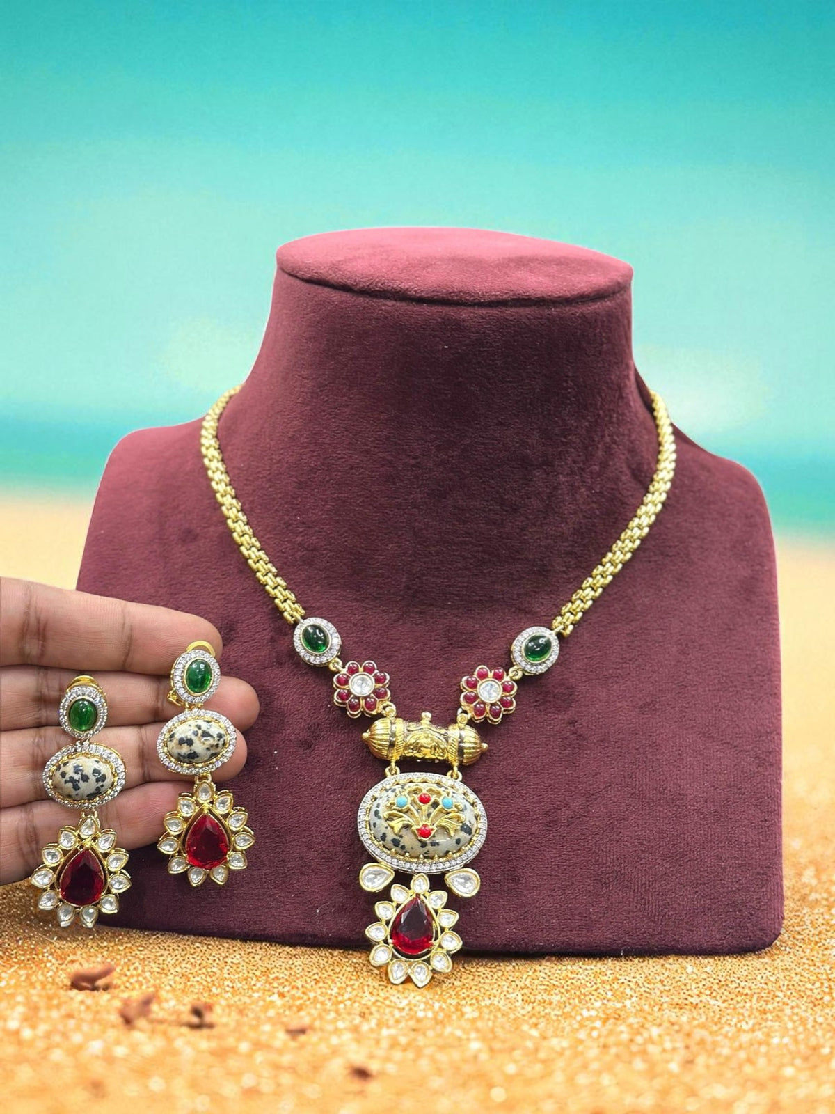 Traditional Meenakari & Polki Gold-Plated Necklace Set with Red & Green Stones - Libasaa.com