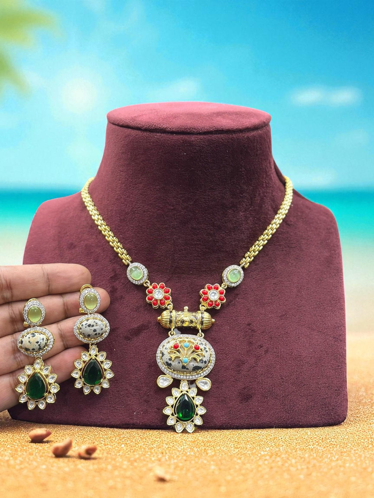 Traditional Meenakari & Polki Gold-Plated Necklace Set with Red & Green Stones - Libasaa.com