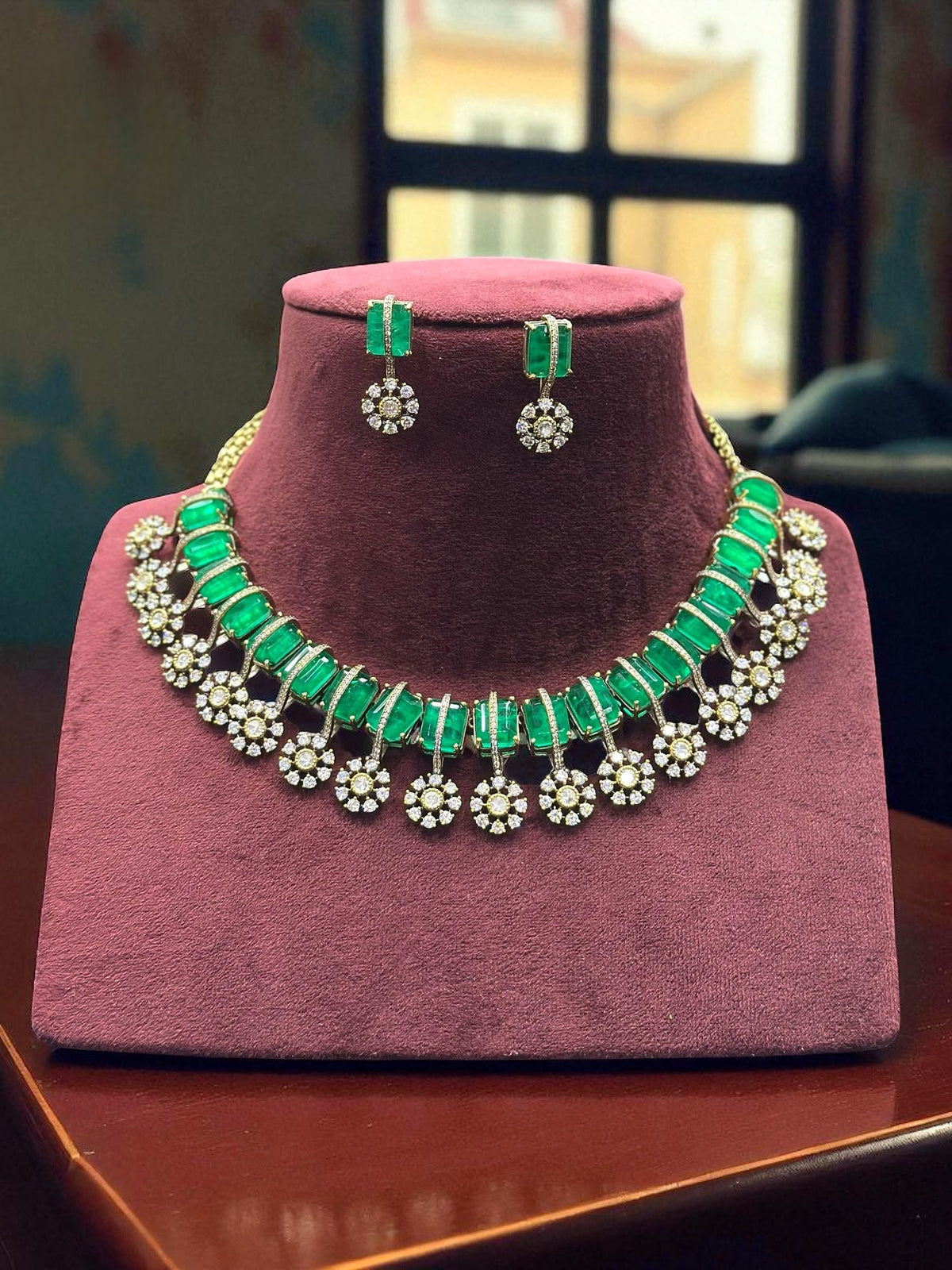 Rose, Blue & Green Stone Gold Plated Necklace & Earring Set - Libasaa.com