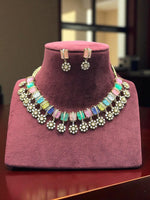 Rose, Blue & Green Stone Gold Plated Necklace & Earring Set - Libasaa.com