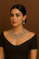 Rose, Blue & Green Stone Gold Plated Necklace & Earring Set - Libasaa.com