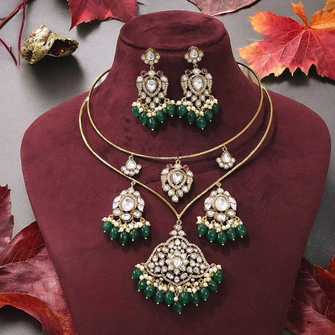 Traditional Polki & Pearl Gold Tone Choker Necklace Set - Libasaa.com