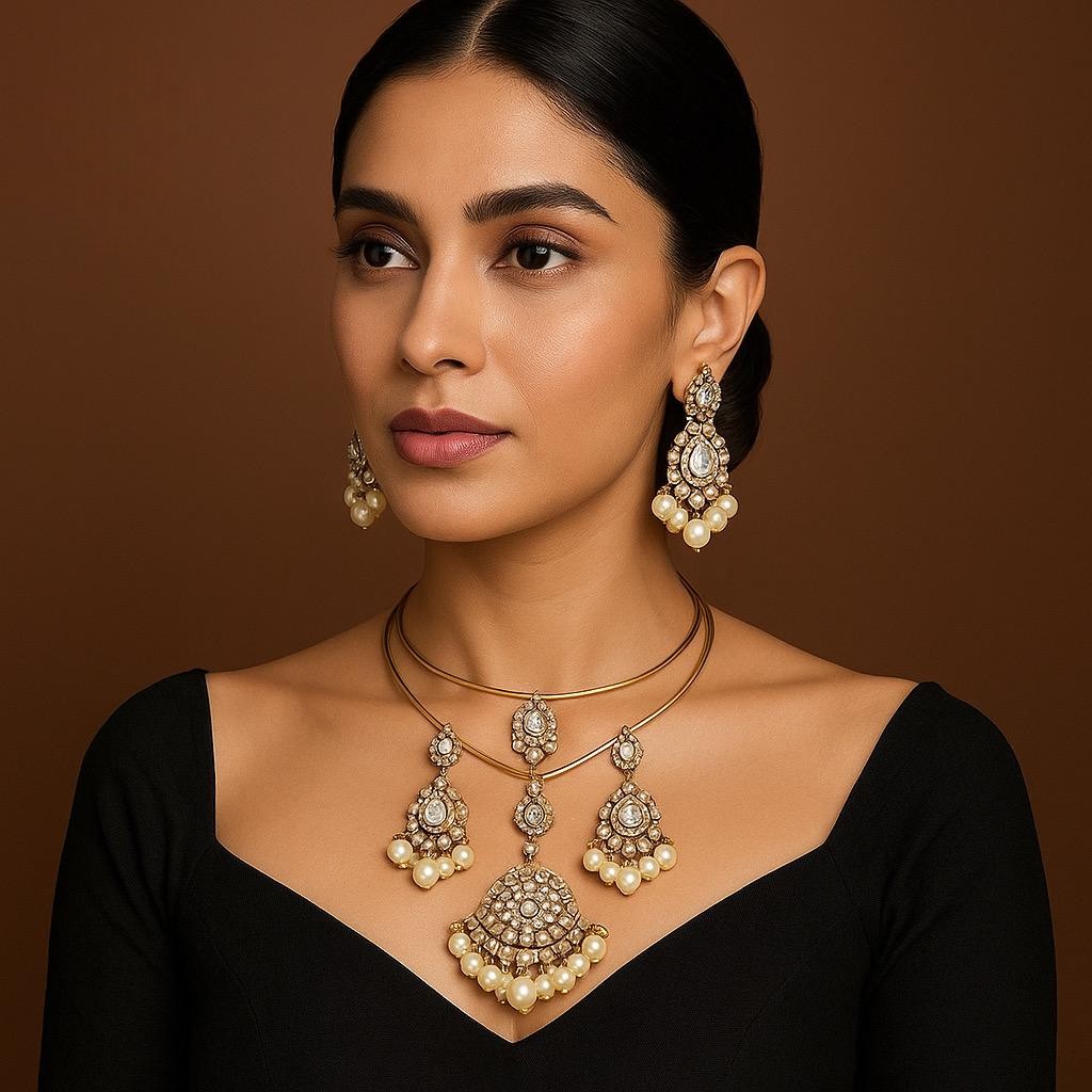 Traditional Polki & Pearl Gold Tone Choker Necklace Set - Libasaa.com