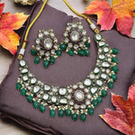 Antique Gold Finish Polki & Emerald Green Drop Statement Jewelry Set - Libasaa.com