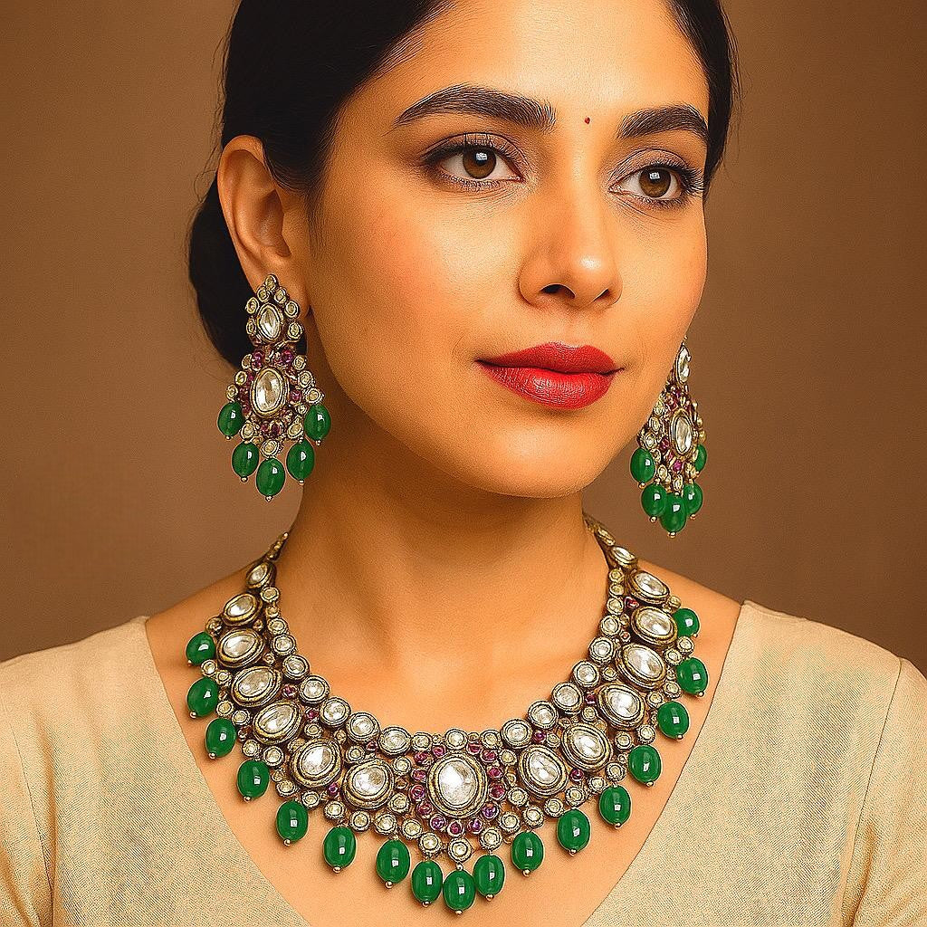 Antique Gold Finish Polki & Emerald Green Drop Statement Jewelry Set - Libasaa.com