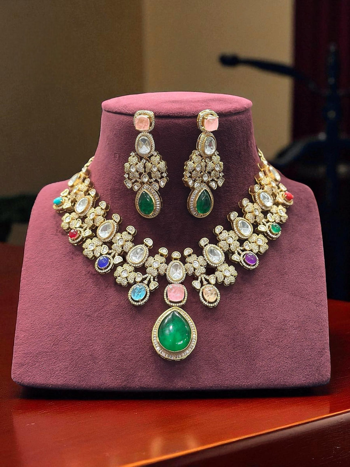 Grand Multi-Color Gemstone & Polki Choker Necklace Set - Libasaa.com
