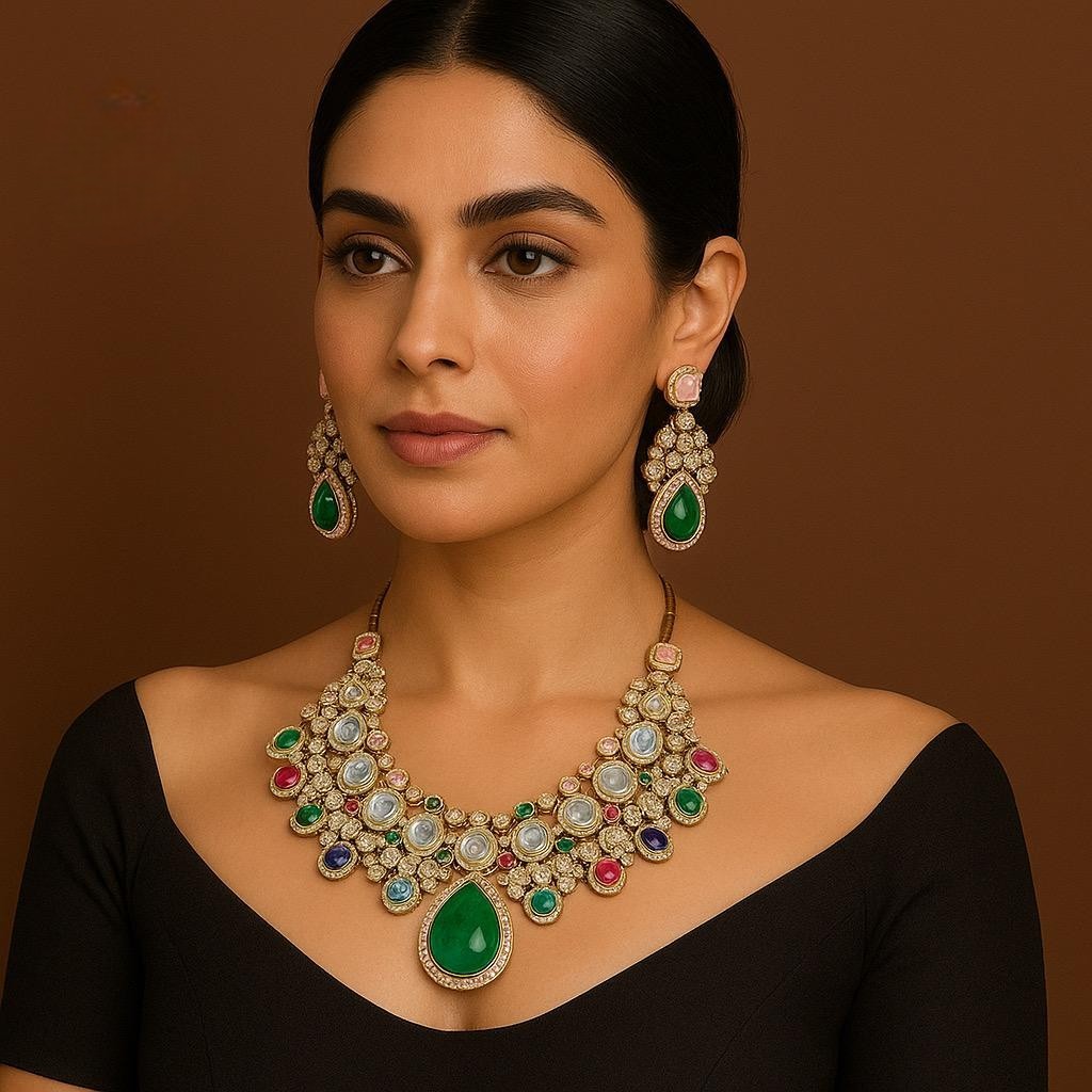 Grand Multi-Color Gemstone & Polki Choker Necklace Set - Libasaa.com