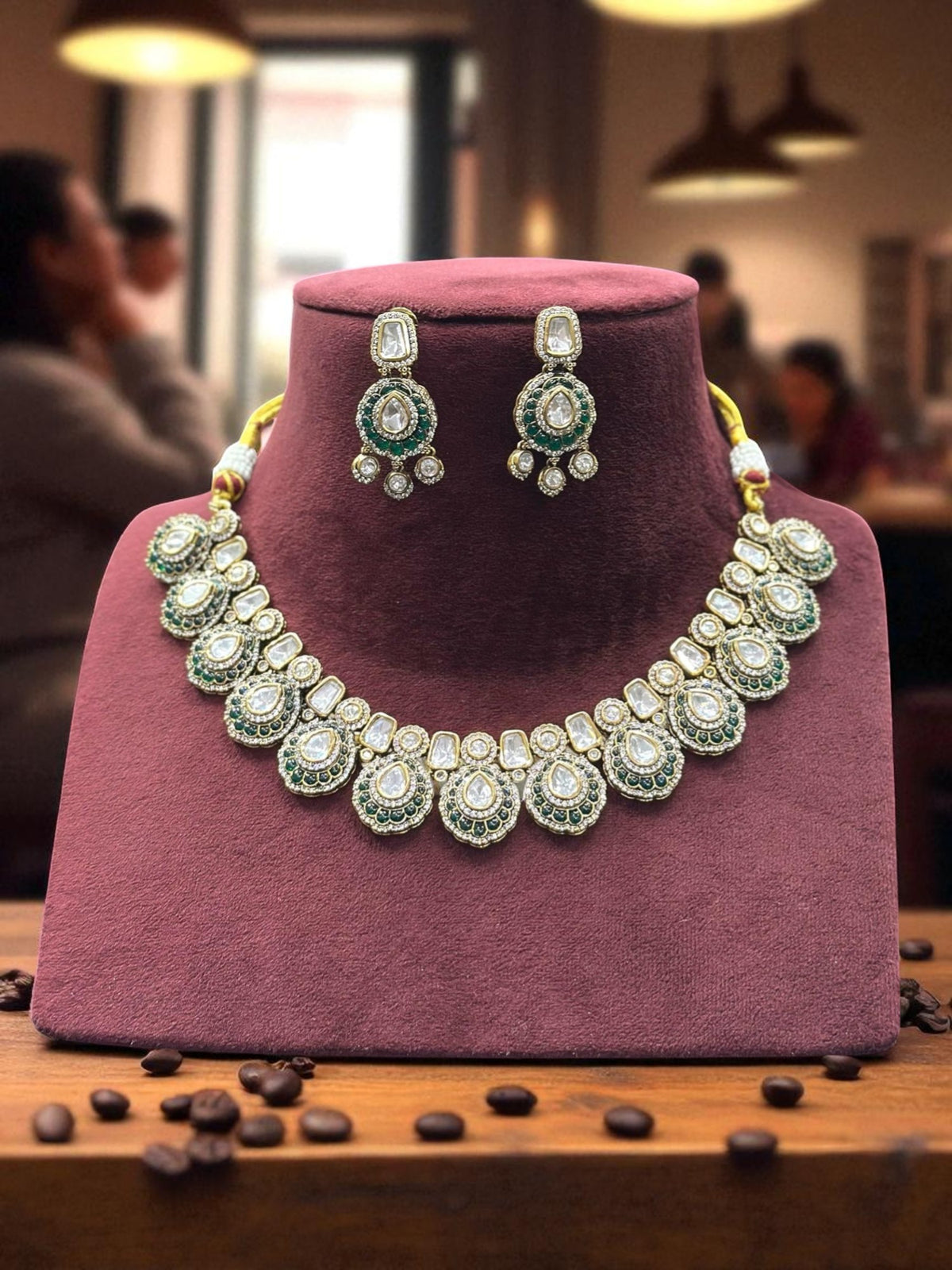 Handcrafted Kundan & Subtle Green Stone Embellished Necklace with Earrings - Libasaa.com