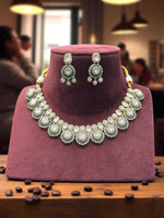 Handcrafted Kundan & Subtle Green Stone Embellished Necklace with Earrings - Libasaa.com