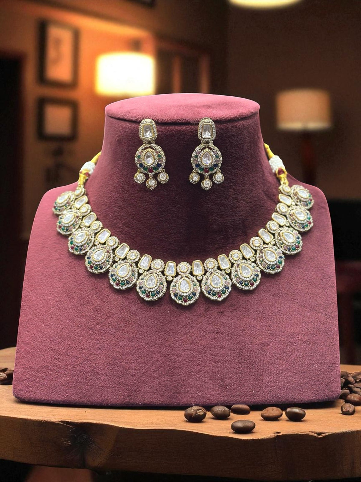 Handcrafted Kundan & Subtle Green Stone Embellished Necklace with Earrings - Libasaa.com