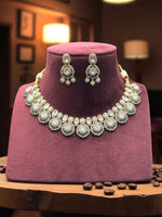 Handcrafted Kundan & Subtle Green Stone Embellished Necklace with Earrings - Libasaa.com