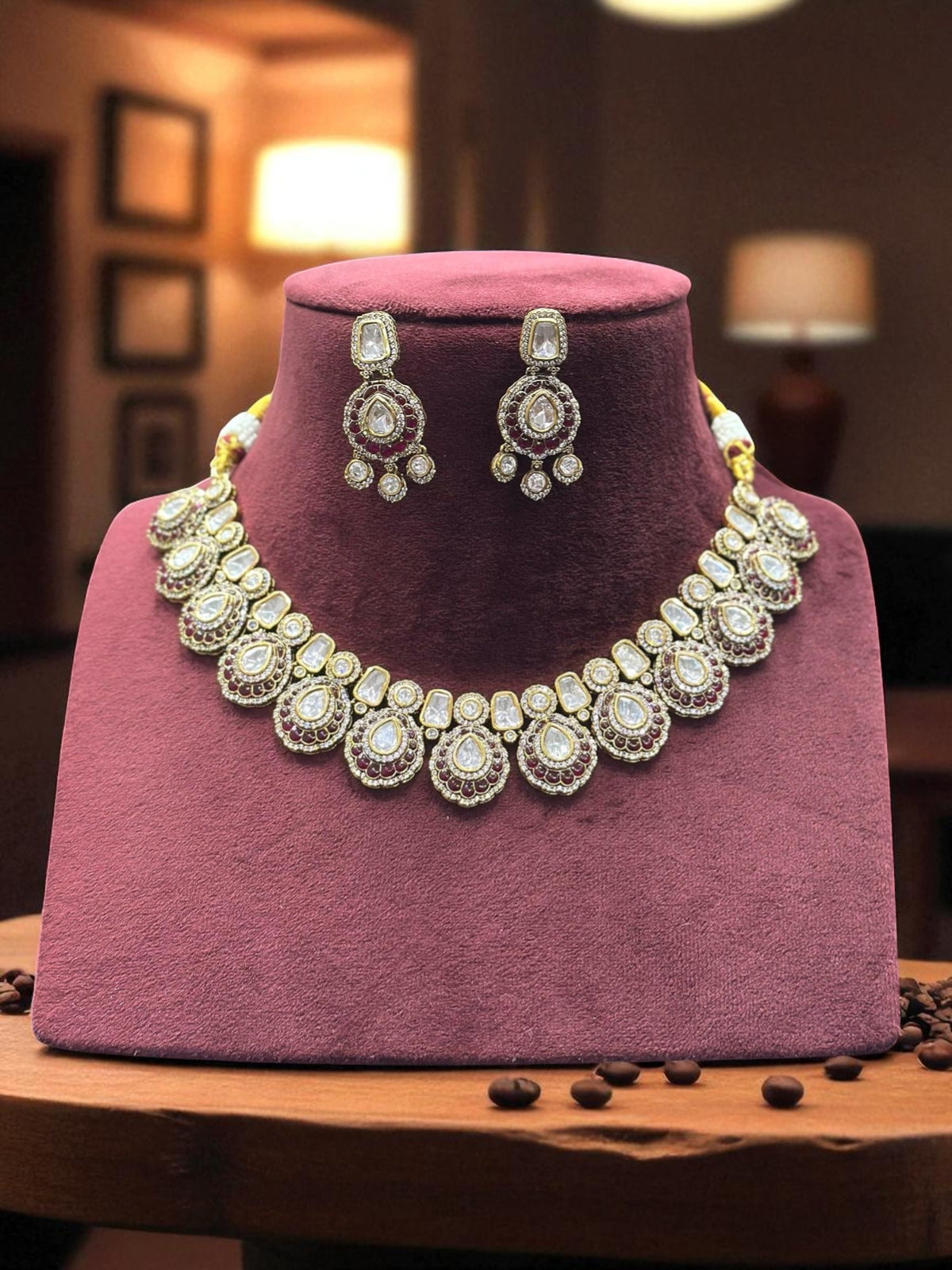 Handcrafted Kundan & Subtle Green Stone Embellished Necklace with Earrings - Libasaa.com