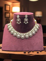 Handcrafted Kundan & Subtle Green Stone Embellished Necklace with Earrings - Libasaa.com