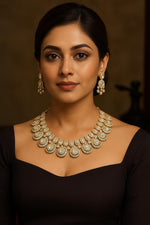 Handcrafted Kundan & Subtle Green Stone Embellished Necklace with Earrings - Libasaa.com