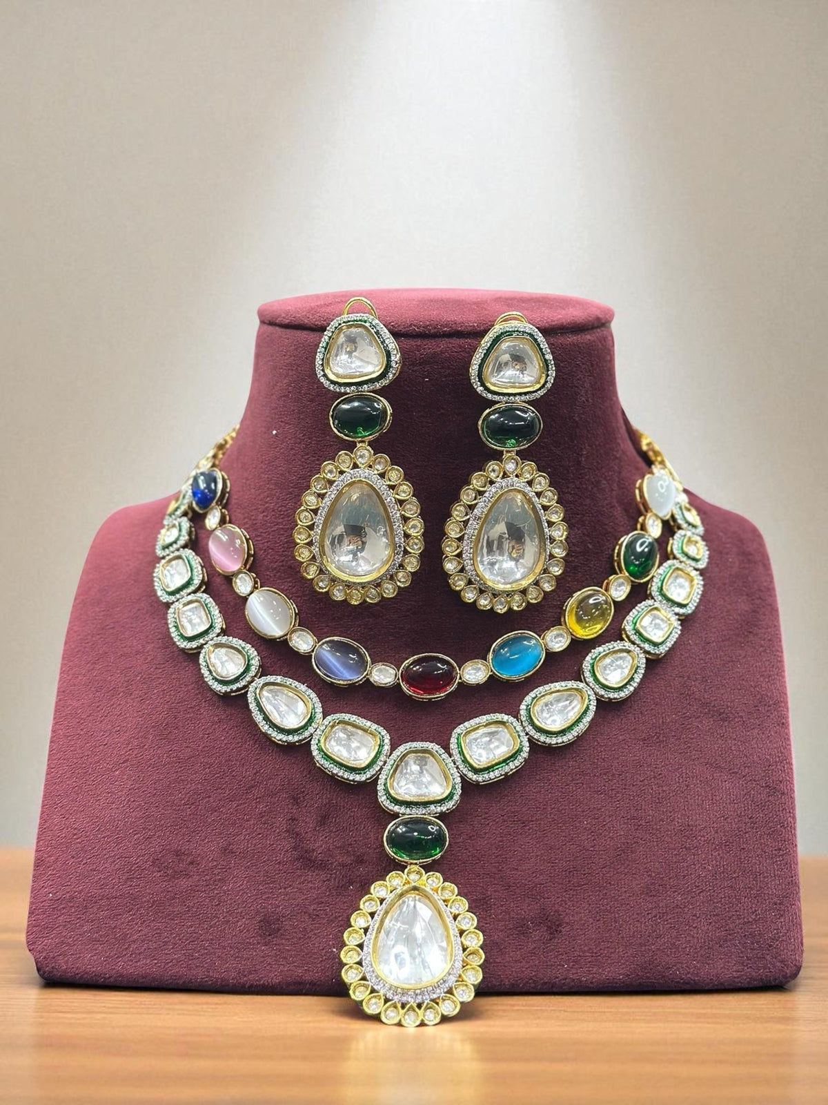 Handcrafted Kundan Polki Necklace with Pear, Oval & Round Gemstones - Libasaa.com