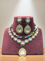 Handcrafted Kundan Polki Necklace with Pear, Oval & Round Gemstones - Libasaa.com