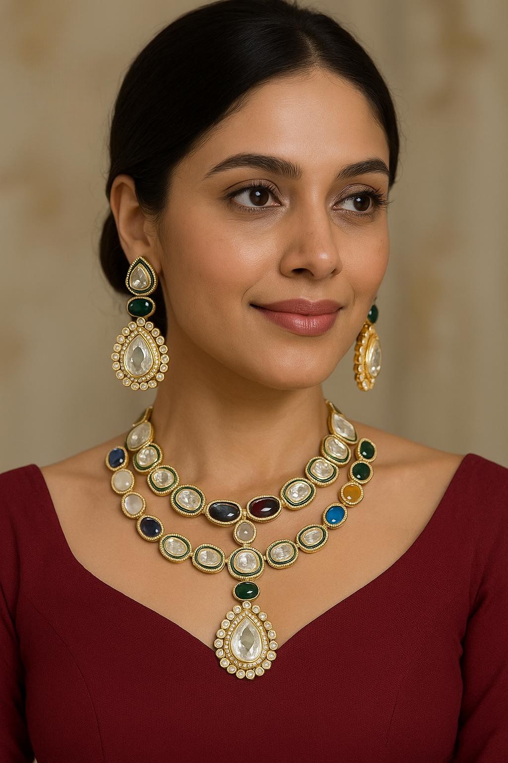 Handcrafted Kundan Polki Necklace with Pear, Oval & Round Gemstones - Libasaa.com