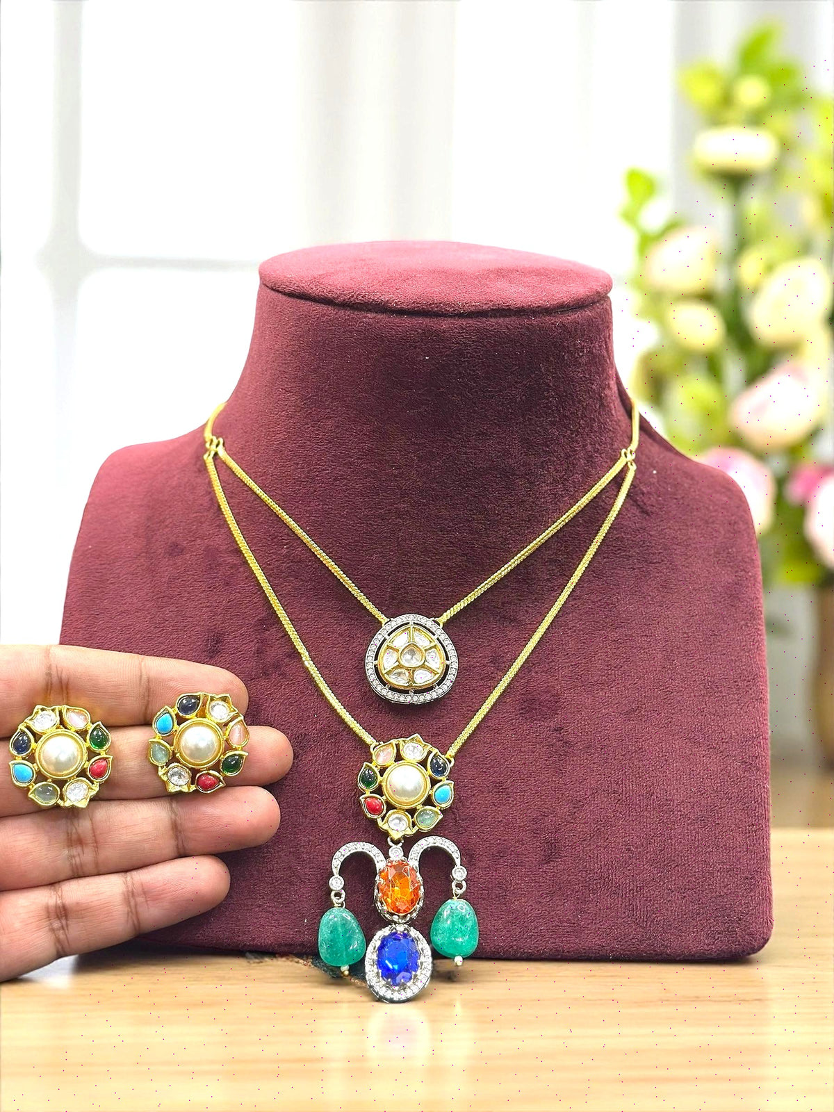 Navratna CZ Kundan Dual Layer Pendant Set with Earrings Gold Finish Multicolor Statement Jewelry - Libasaa.com