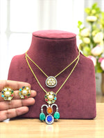 Navratna CZ Kundan Dual Layer Pendant Set with Earrings Gold Finish Multicolor Statement Jewelry - Libasaa.com