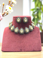 Antique Black Polish CZ Kundan Choker Necklace Set with Stud Earrings Tear Drop Design Bridal Jewelry - Libasaa.com