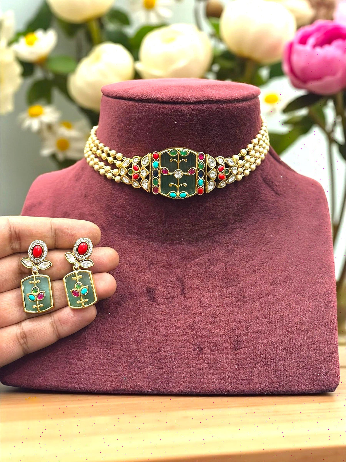 Multicolor Meenakari Kundan Pearl Choker Necklace Set with Earring Traditional Handcrafted Jewelry" - Libasaa.com